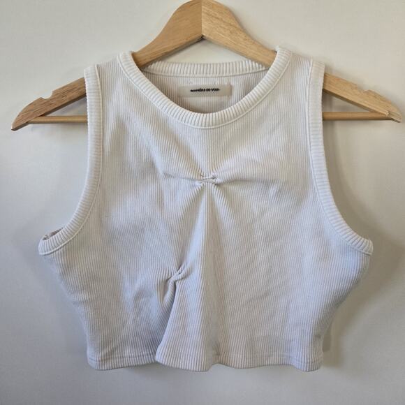 Maniere De Voir Womens Cropped Tank Top 6 White Tacked Ribbed Knit Minimalist - Picture 2 of 8